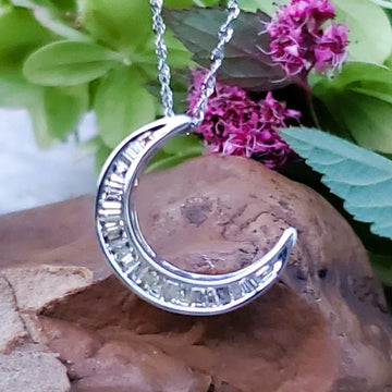 18k White Gold Diamond  Baguette Cresent Pendant DPD-26975